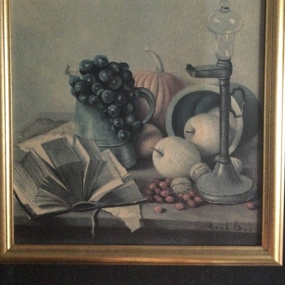 Vintage Henk Bos Still life print on board with vintage frame pumpkin grapes